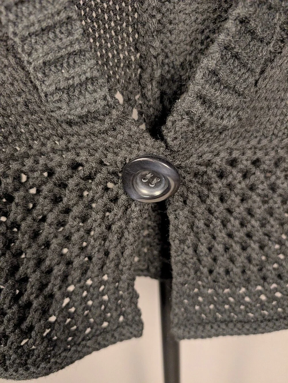 Black Cable Knit Crochet Openwork Cardigan Sweater Large A363